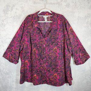 Catherines Blouse Womens 3X Colorful Paisley Button-Up tunic career office bold